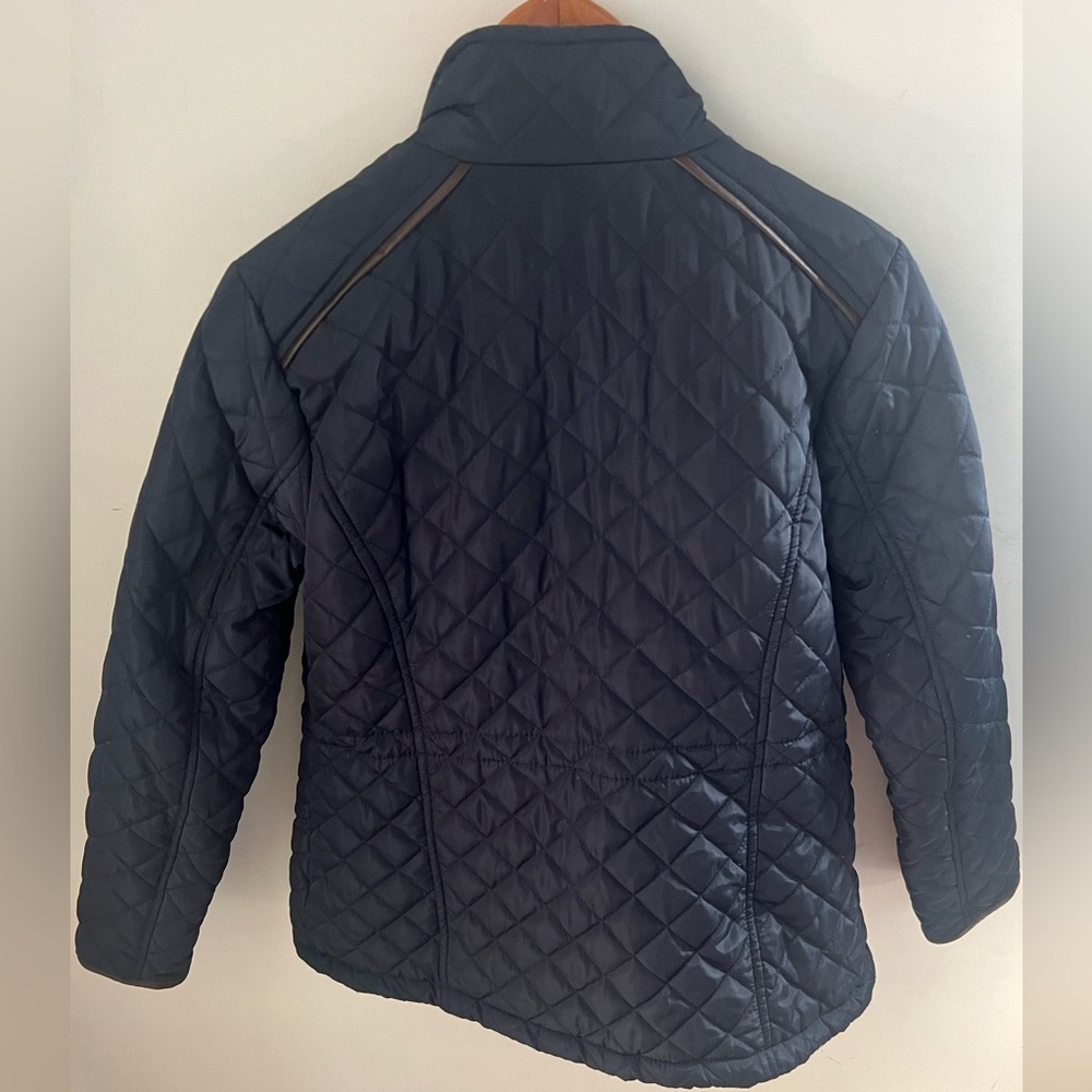 Blue Quilted Puffer Jacket w/ Gold Accents & Drawstring Waist – Size M - Picture 8 of 8